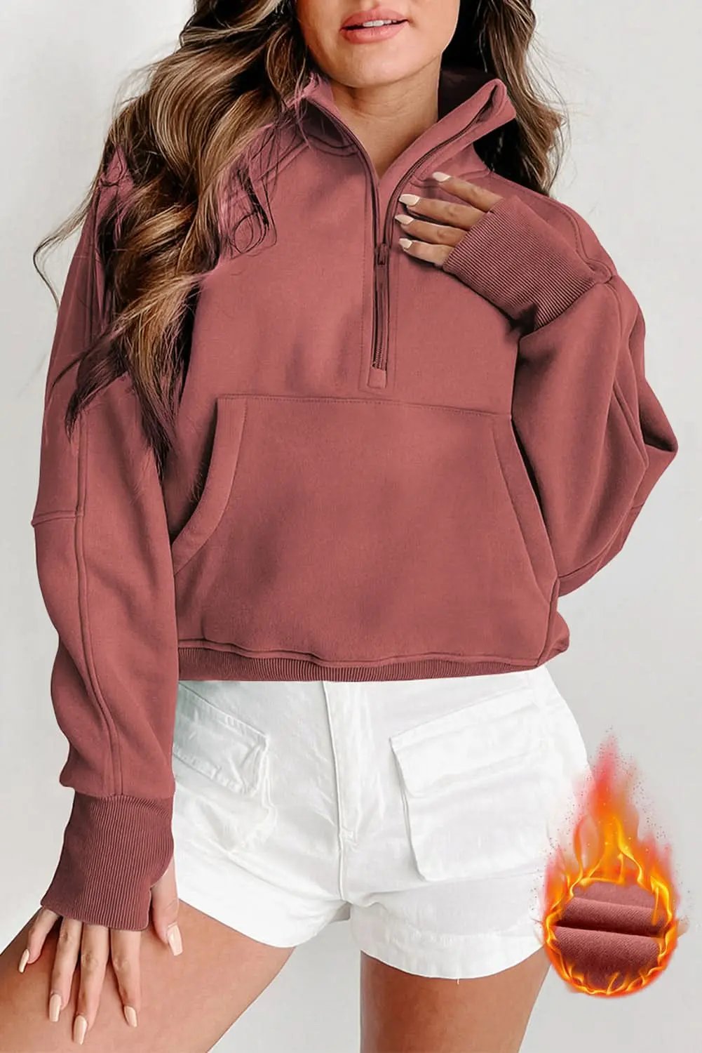 Brown Fleece Lined Zip Up Stand Collar Thumbhole Sleeve Sweatshirt - Love Salve